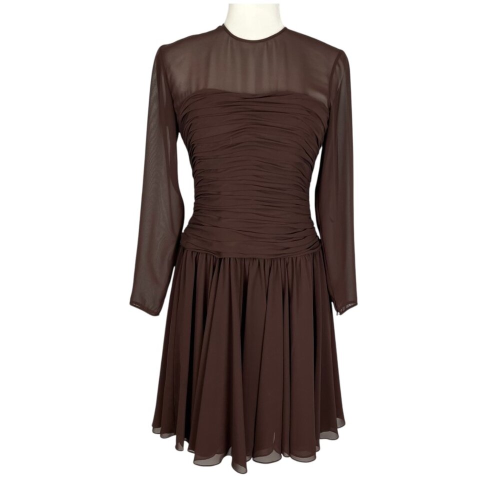 AJ Bari Vintage Womens Petite Brown Chiffon Cocktail Dress Long Sleeves size 8P